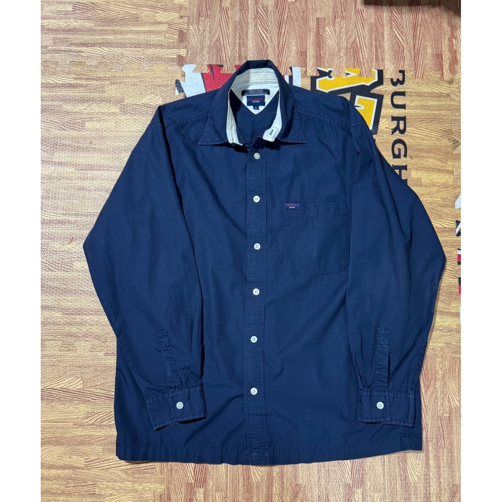Vintage Tommy Jeans Mens Medium Navy Blue Spellout Back Button Down Shirt Cotton